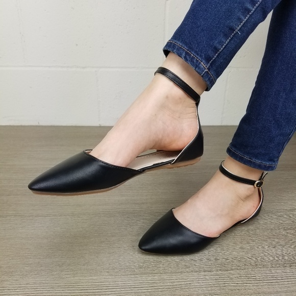 Ankle Strap Pointed Toe Ballerina Flats - Picture 2 of 8